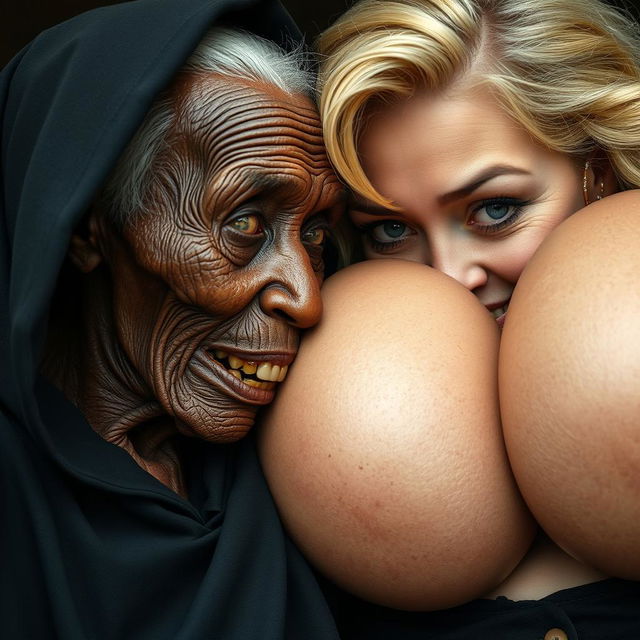 An elderly, malnourished African lady with a petite frame revealing her 150-year-old rotten teeth, dressed in a long black outfit that is fully closed with a hood