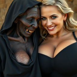 An elderly, malnourished African lady with a petite body revealing her 150-year-old rotten teeth, dressed in a long black outfit that is fully closed and has a hood