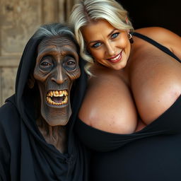 An elderly, malnourished African lady with a small body revealing her 150-year-old rotten teeth, dressed in a long black outfit that is fully closed and features a hood