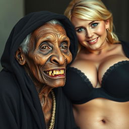 An elderly, malnourished African lady with a small body revealing her 150-year-old rotten teeth, dressed in a long black outfit that is fully closed and features a hood