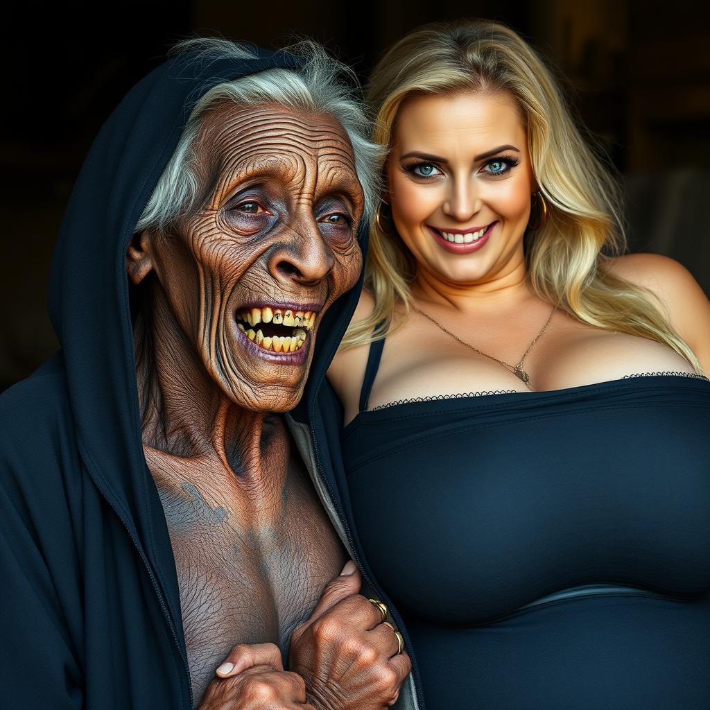 An elderly, malnourished African lady with a small body revealing her 150-year-old rotten teeth, dressed in a long black outfit that is fully closed and features a hood
