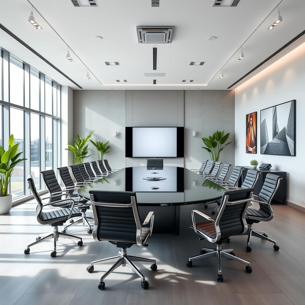 A modern conference room with a sleek, minimalist design, featuring a large oval glass table surrounded by ergonomic office chairs