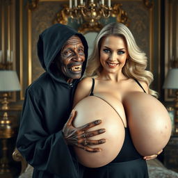 In a luxurious room, an elderly, malnourished African lady with a small frame revealing her 150-year-old rotten teeth is dressed in a long black outfit that is fully closed with a hood