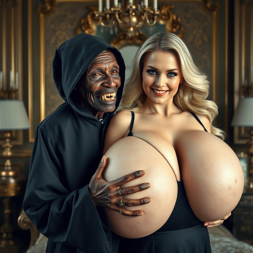 In a luxurious room, an elderly, malnourished African lady with a small frame revealing her 150-year-old rotten teeth is dressed in a long black outfit that is fully closed with a hood