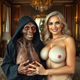 In a luxurious room, an elderly, malnourished African lady with a small frame revealing her 150-year-old rotten teeth is dressed in a long black outfit that is fully closed with a hood