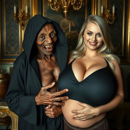 In a luxurious room, an elderly, malnourished African lady with a small frame revealing her 150-year-old rotten teeth is dressed in a long black outfit that is fully closed with a hood