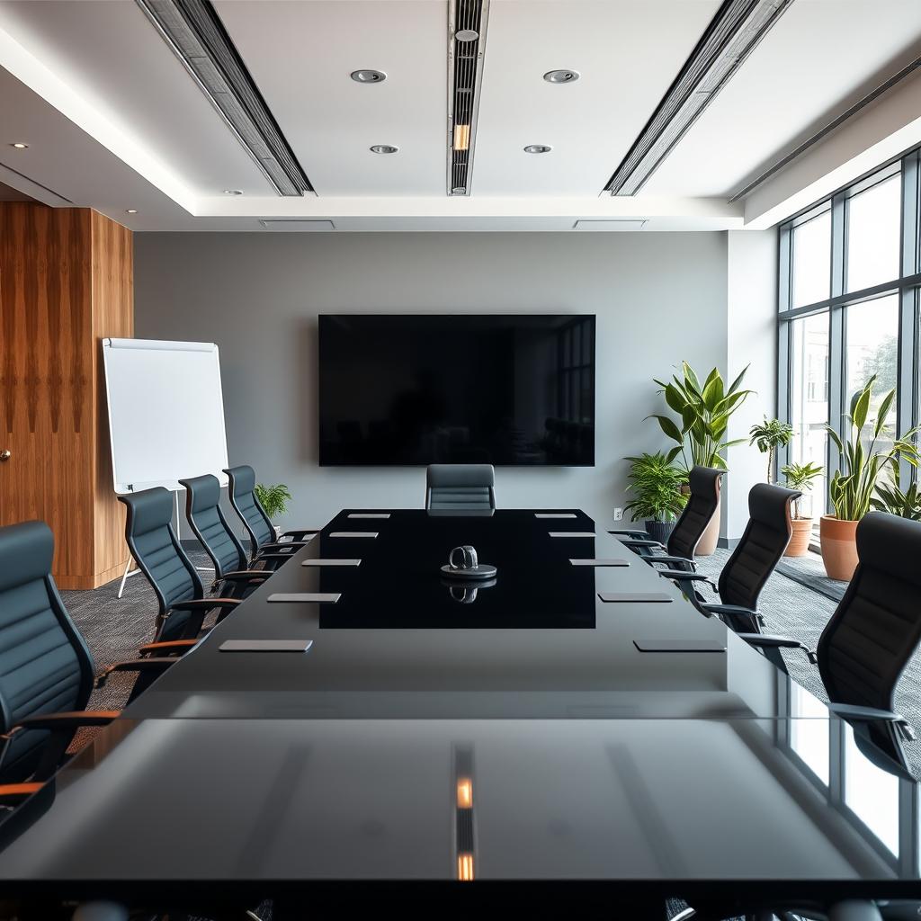A modern conference room designed for a meeting, featuring a large table that comfortably seats 13 people