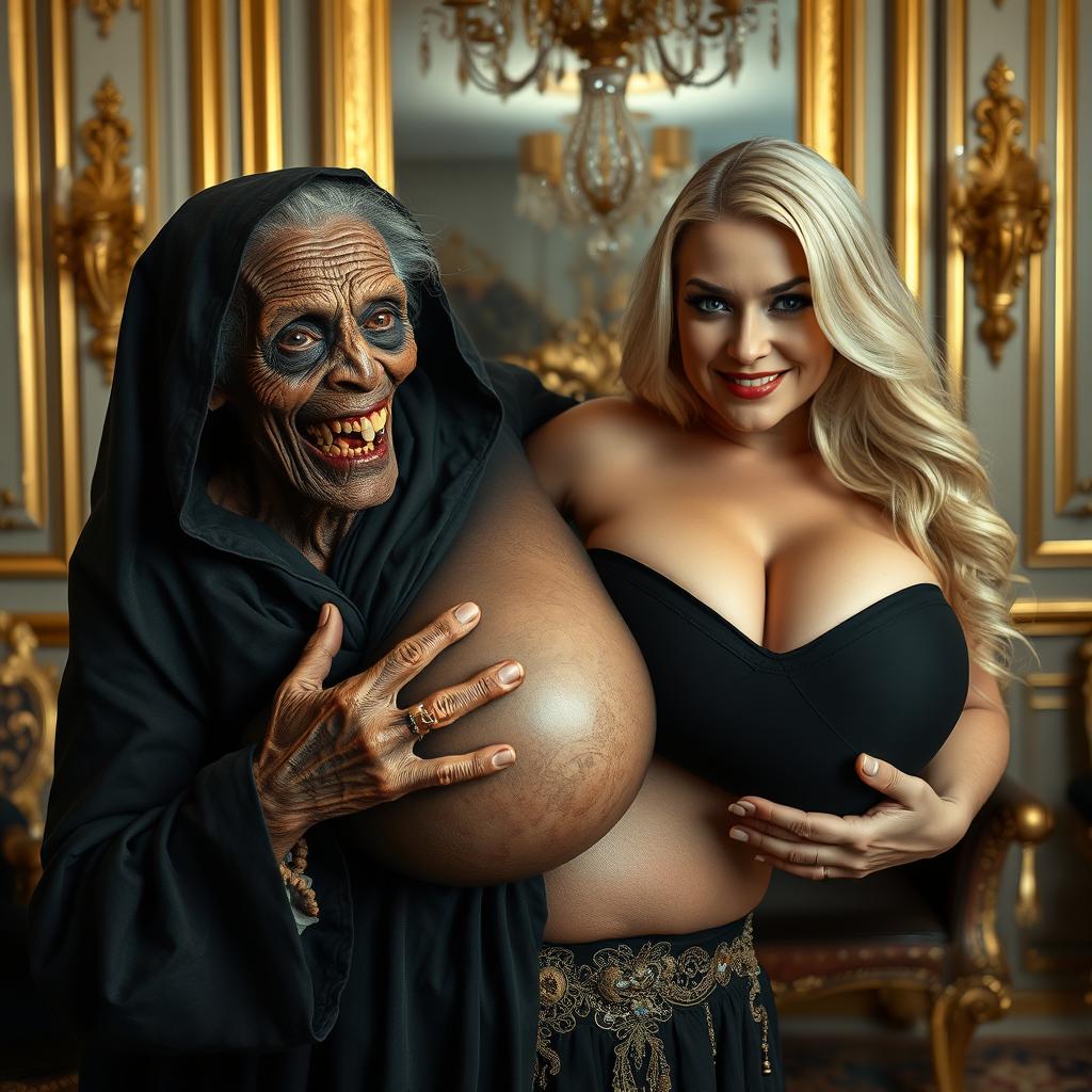 In a luxurious room, an elderly, malnourished African lady displaying her 150-year-old rotten teeth is dressed in a long black outfit that is fully closed and features a hood