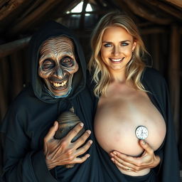 Inside an African hut, an elderly, malnourished African lady revealing her 150-year-old rotten teeth is dressed in a long black outfit that is fully closed and features a hood