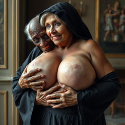 In an elegant setting, an elderly, malnourished African lady displaying her 150-year-old rotten teeth is dressed in a long black outfit that is fully closed and features a hood