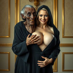 In an elegant setting, an elderly, malnourished African lady revealing her 150-year-old rotten teeth is dressed in a long black outfit that is fully closed and features a hood