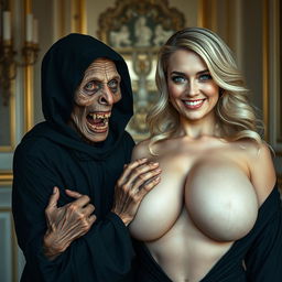 In an elegant setting, an elderly, malnourished African lady revealing her 150-year-old rotten teeth is dressed in a long black outfit that is fully closed and features a hood