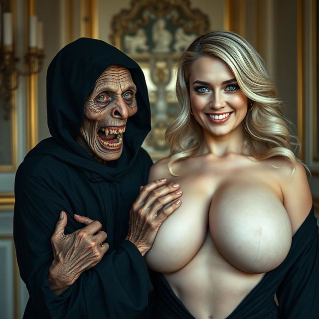 In an elegant setting, an elderly, malnourished African lady revealing her 150-year-old rotten teeth is dressed in a long black outfit that is fully closed and features a hood