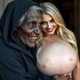 In a captivating scene, an elderly, malnourished African lady with 150-year-old rotten teeth is dressed in a long black outfit that is completely closed and features a hood