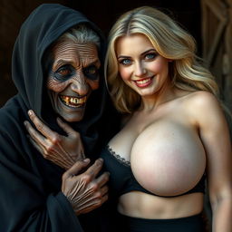 In a captivating scene, an elderly, malnourished African lady with 150-year-old rotten teeth is dressed in a long black outfit that is completely closed and features a hood