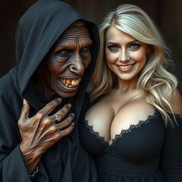 In a striking scene, an elderly, malnourished African lady with her 150-year-old rotten teeth is dressed in a long, fully closed black outfit that includes a hood