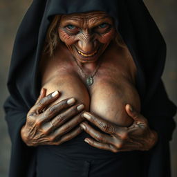 In a unique and striking scene, an elderly, malnourished African lady displaying her 150-year-old rotten teeth is cloaked in a long black outfit that is entirely closed and features a hood