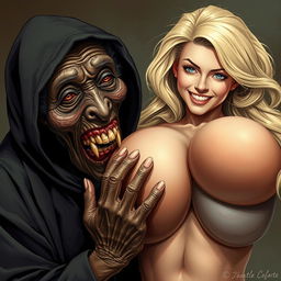 In a vivid and dynamic scene, depict an elderly, malnourished African lady revealing her 150-year-old rotten teeth while dressed in a long, completely closed black outfit with a hood