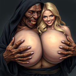 In a vivid and dynamic scene, depict an elderly, malnourished African lady revealing her 150-year-old rotten teeth while dressed in a long, completely closed black outfit with a hood