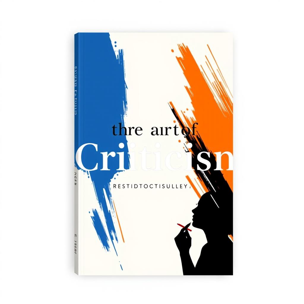 A modern book cover design titled 'The Art of Criticism', featuring a striking abstract design with bold colors like deep blue, vibrant orange, and sleek black