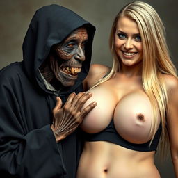 In a striking and unique scene, depict an elderly, malnourished African lady with 150-year-old rotten teeth, dressed in a long, completely closed black outfit featuring a hood