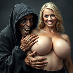 In a dramatic and unconventional scene, depict an elderly, malnourished African lady displaying her 150-year-old rotten teeth, dressed in a long, entirely closed black outfit featuring a hood