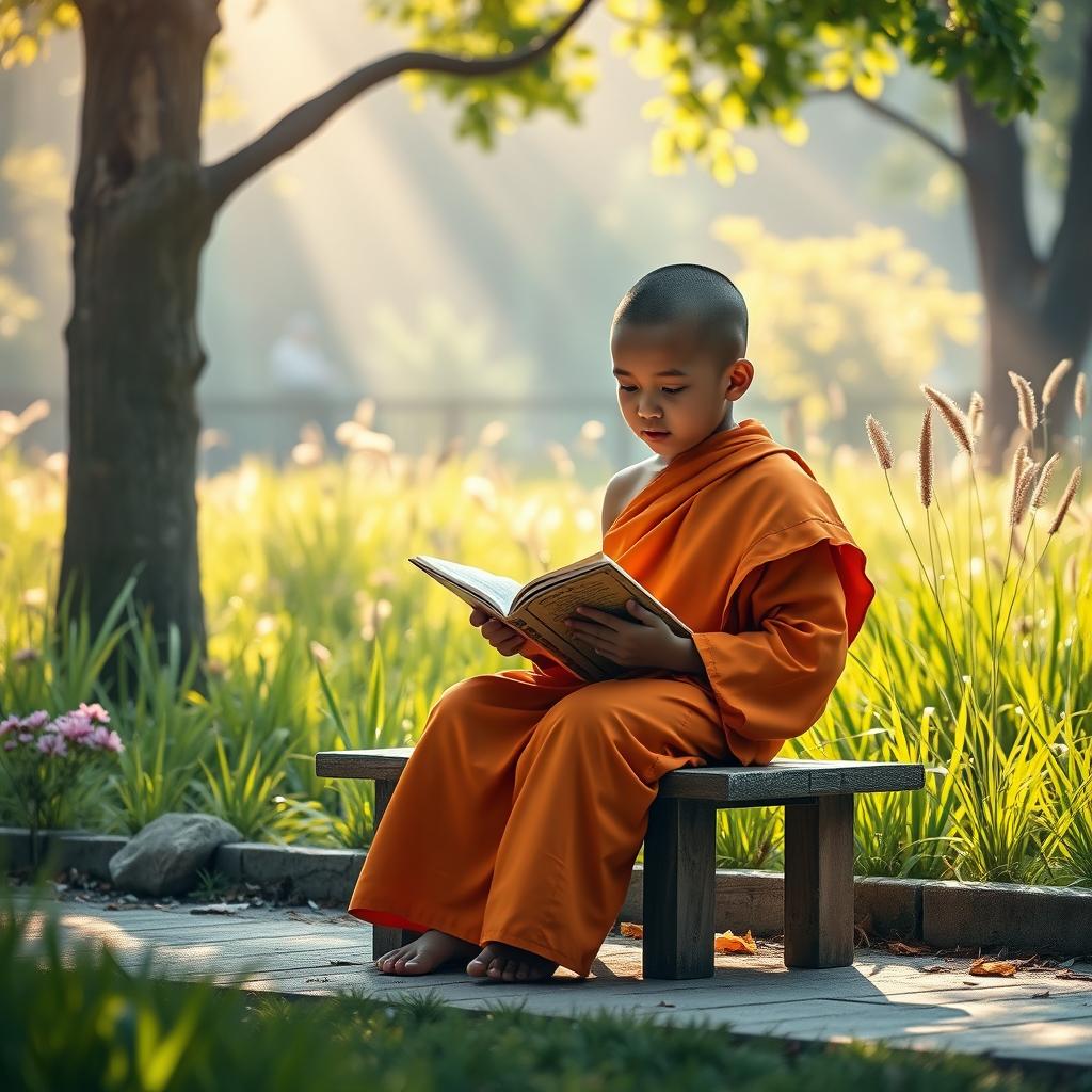 A peaceful scene depicting a young monk, known as a 'podi swamin', sitting on a simple wooden bench and reading a sacred text