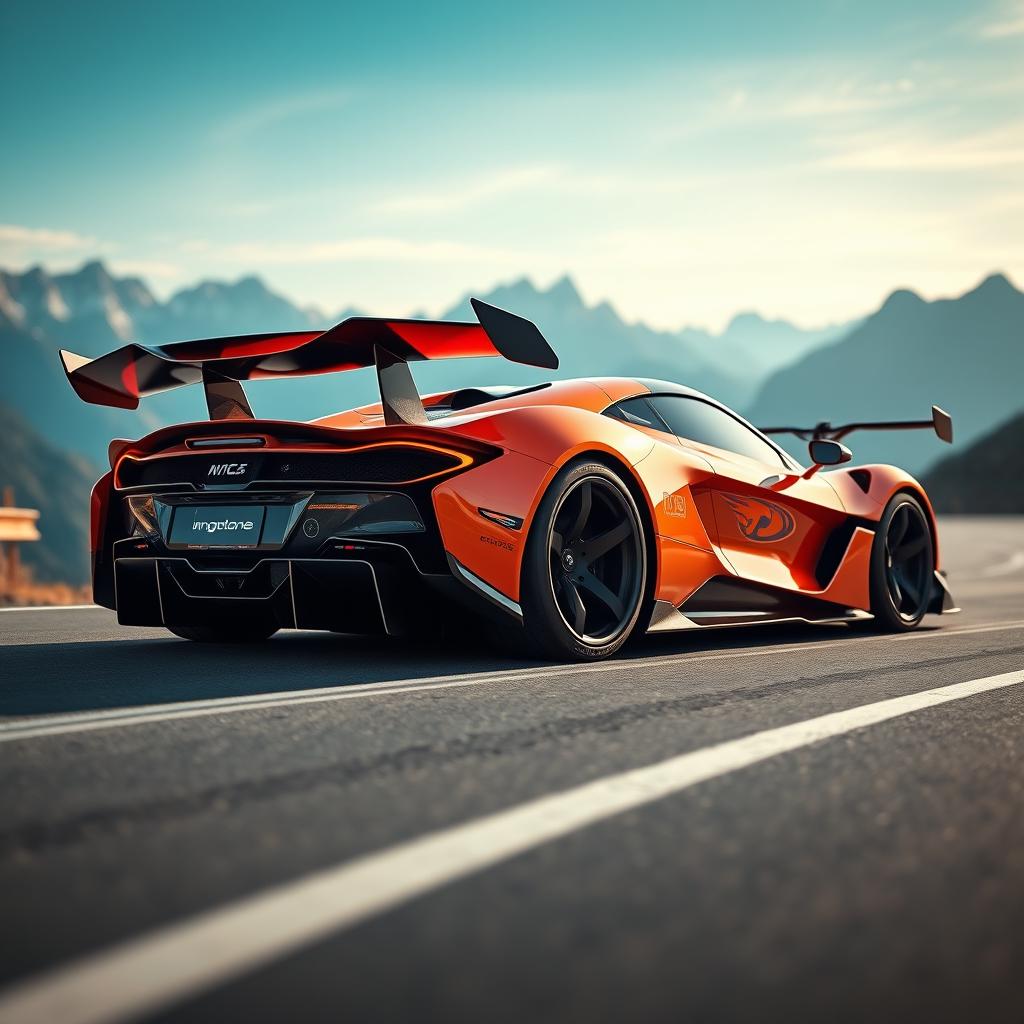 A sleek and futuristic super sports car featuring an aggressive design, large rear wing for aerodynamics, bold and vibrant paint, sitting on a winding mountain road