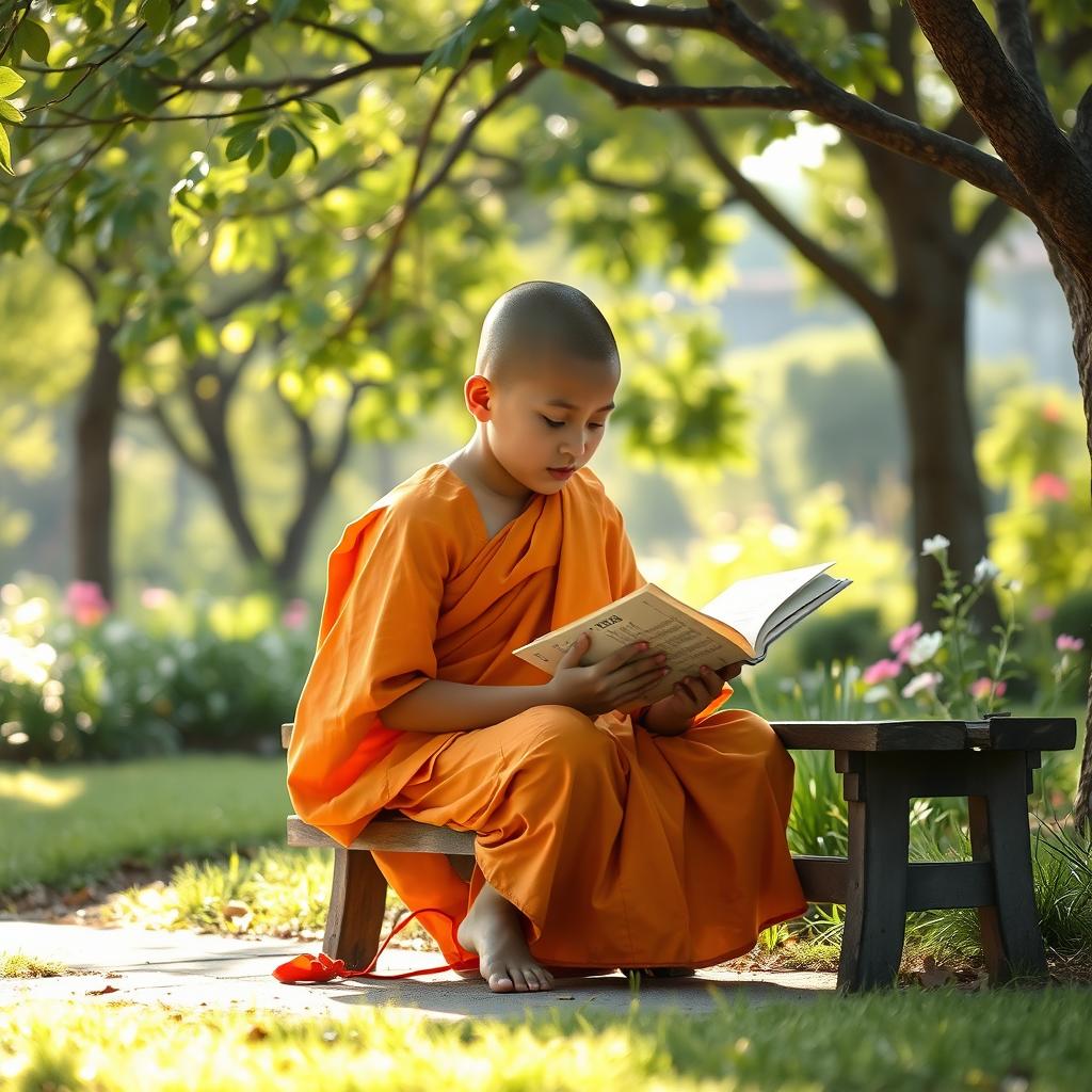A tranquil scene of a young monk, referred to as 'podi swamin', engrossed in reading a sacred text