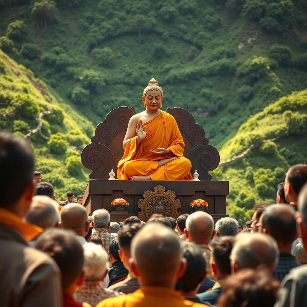 A powerful scene of Lord Buddha delivering a profound Dharma teaching from an elevated platform, surrounded by a diverse group of devoted listeners