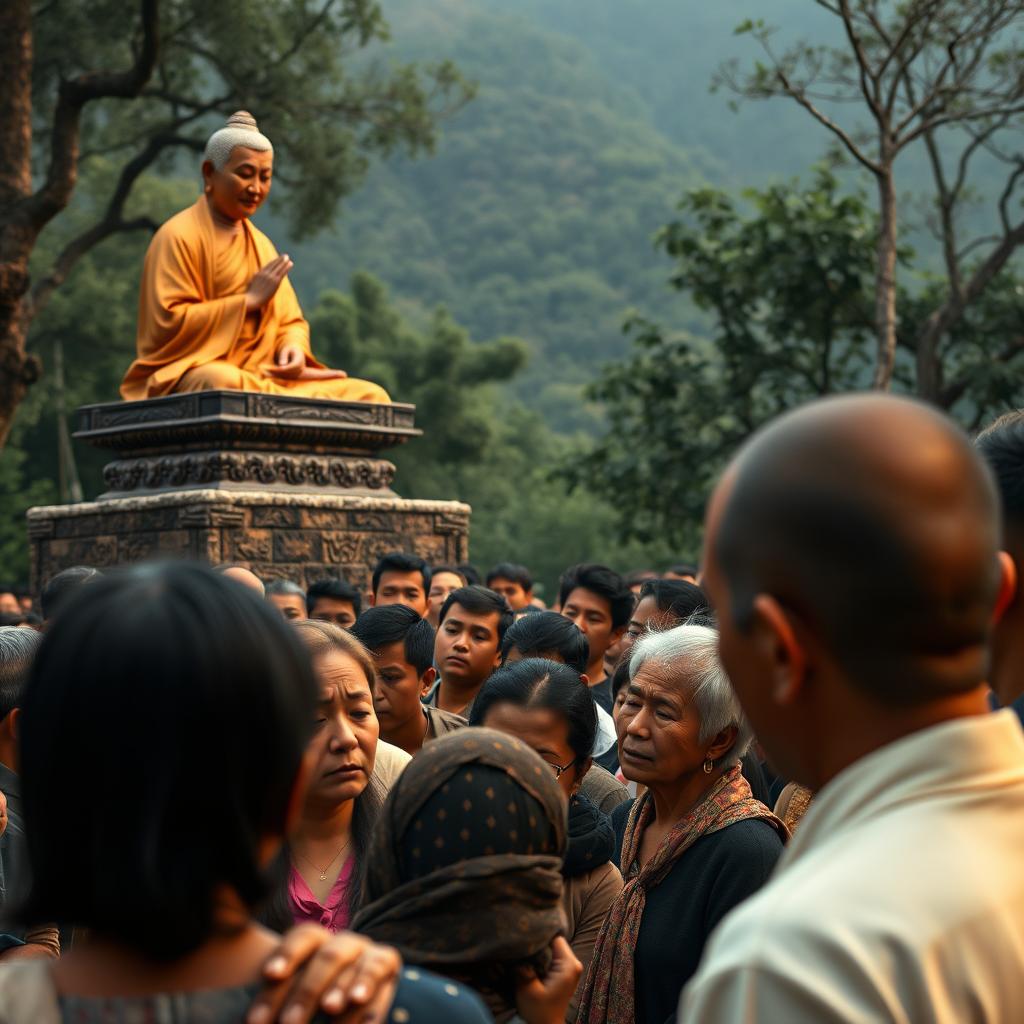 A poignant scene of Lord Buddha giving a profound Dharma talk from an elevated platform, with a compassionate expression as he addresses the crowd