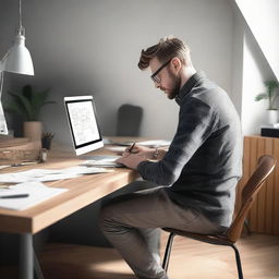 Generate a photorealistic, artistically styled image of a designer working at their desk.