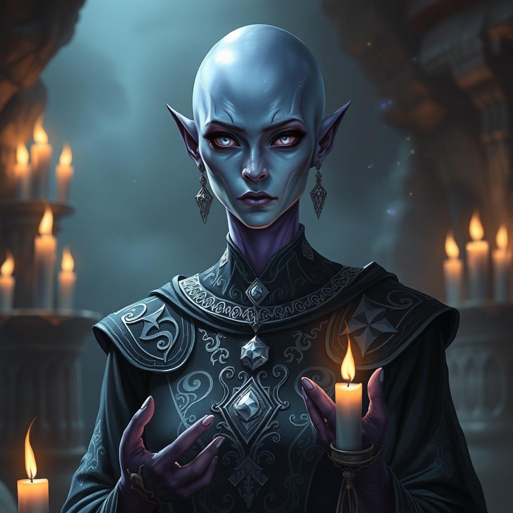 A bald drow woman worshipping the goddess Lloth, beautifully dressed in intricate dark robes with silver embroidery symbolizing the goddess