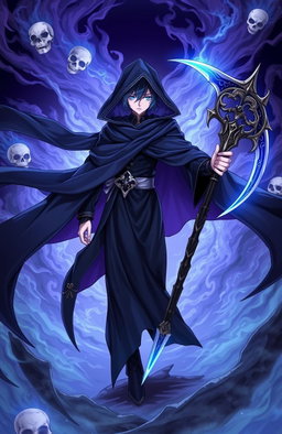 An anime-style illustration of a powerful God of Death character, adorned in a dark, flowing cloak that billows dramatically in the wind