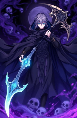 An anime-style illustration of a powerful God of Death character, adorned in a dark, flowing cloak that billows dramatically in the wind