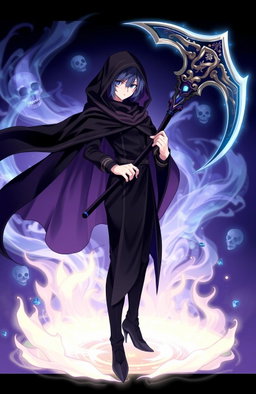 An anime-style illustration of a powerful God of Death character, adorned in a dark, flowing cloak that billows dramatically in the wind