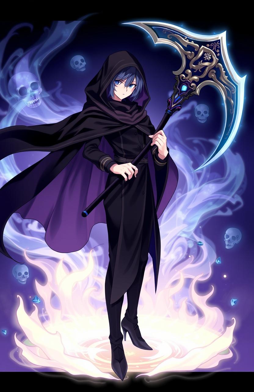 An anime-style illustration of a powerful God of Death character, adorned in a dark, flowing cloak that billows dramatically in the wind