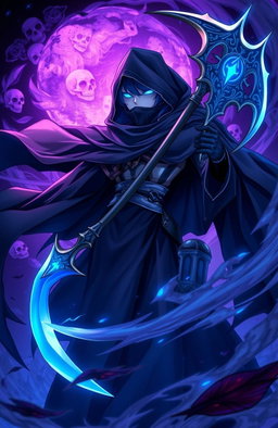An anime-style illustration of a powerful God of Death character, adorned in a dark, flowing cloak that billows dramatically in the wind