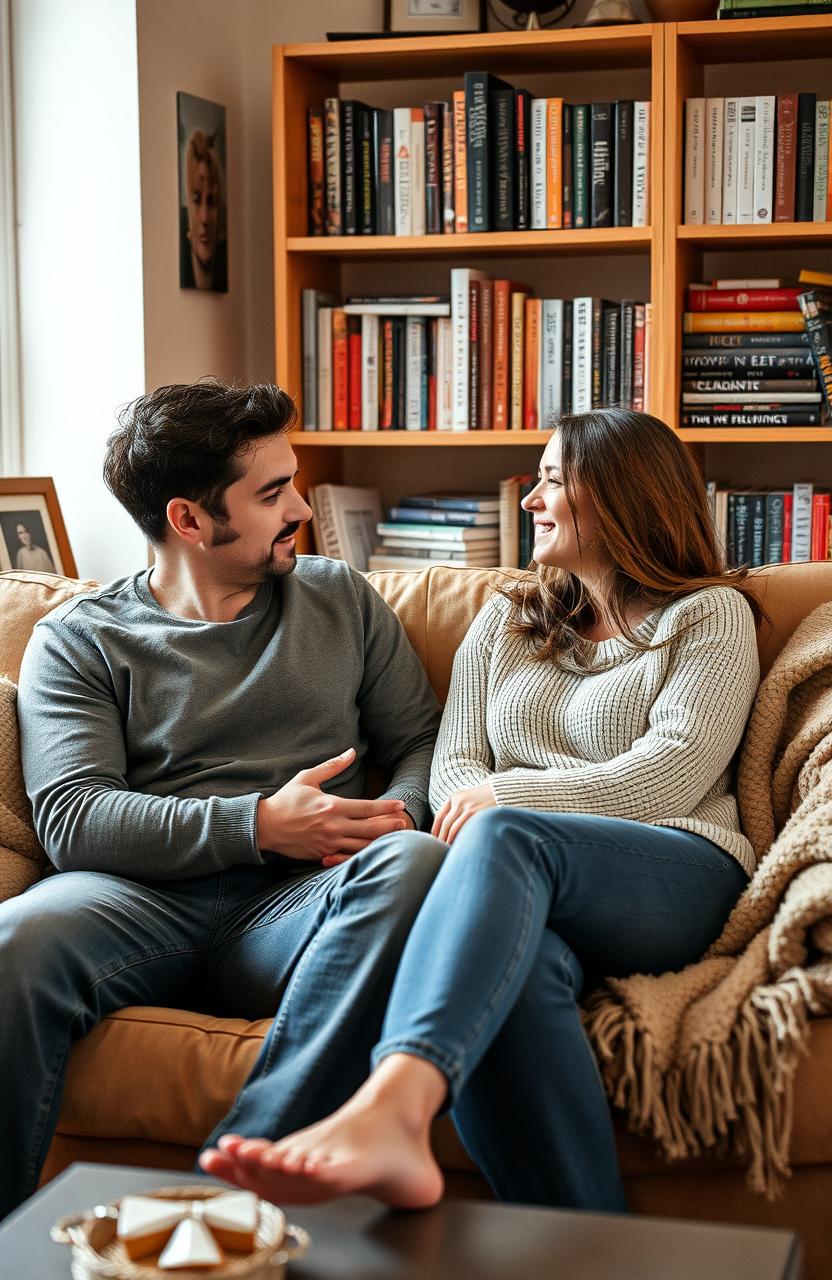 A couple sitting together on a cozy couch, engaging in a heart-to-heart conversation, their expressions reflecting deep honesty and trust