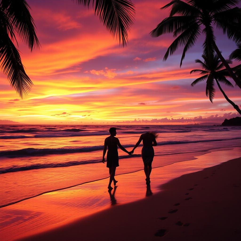 A picturesque sunset at the beach, with vibrant orange and purple hues in the sky, reflecting on the gentle waves of the ocean