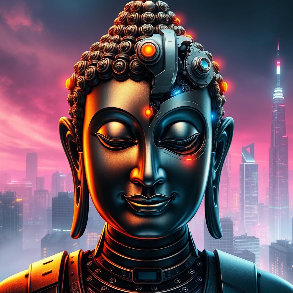 A striking half Buddha half robot face, seamlessly merging the serene, wise expression of a traditional Buddha with the sleek, metallic features of a futuristic robot