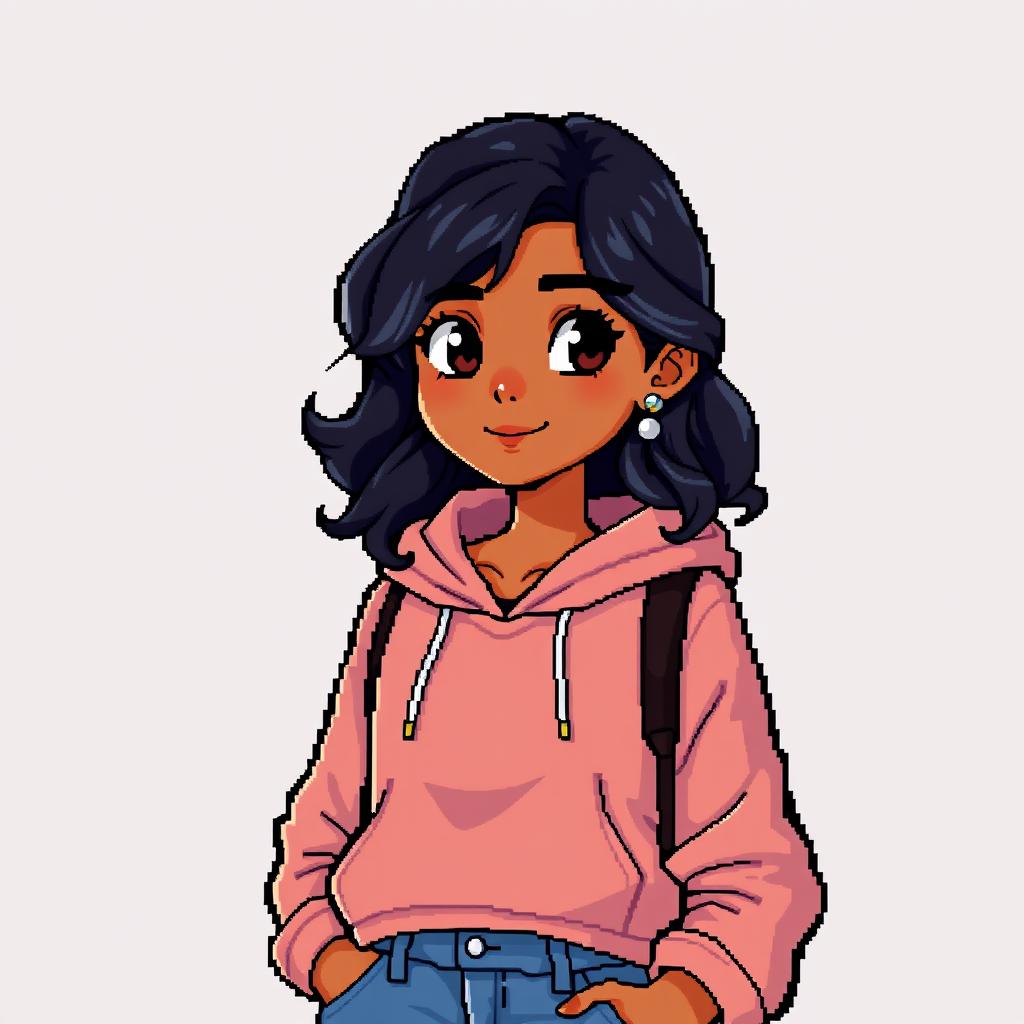 A pixel art representation of an Indian girl with dark wavy hair and dark eyes, tan skin, standing confidently