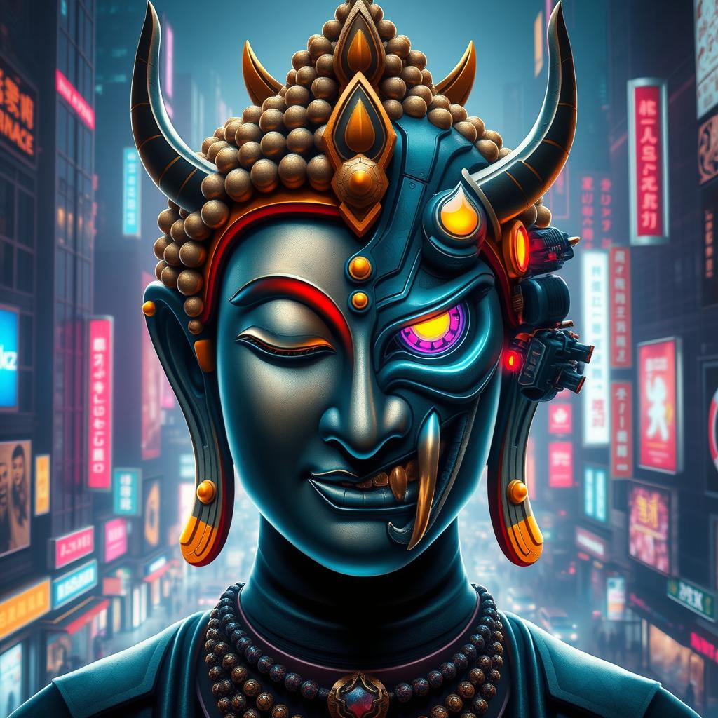 A stunning half Buddha, half Oni Samurai face, blending serene spiritual features with fierce demonic elements, embodying a harmonious yet contrasting duality