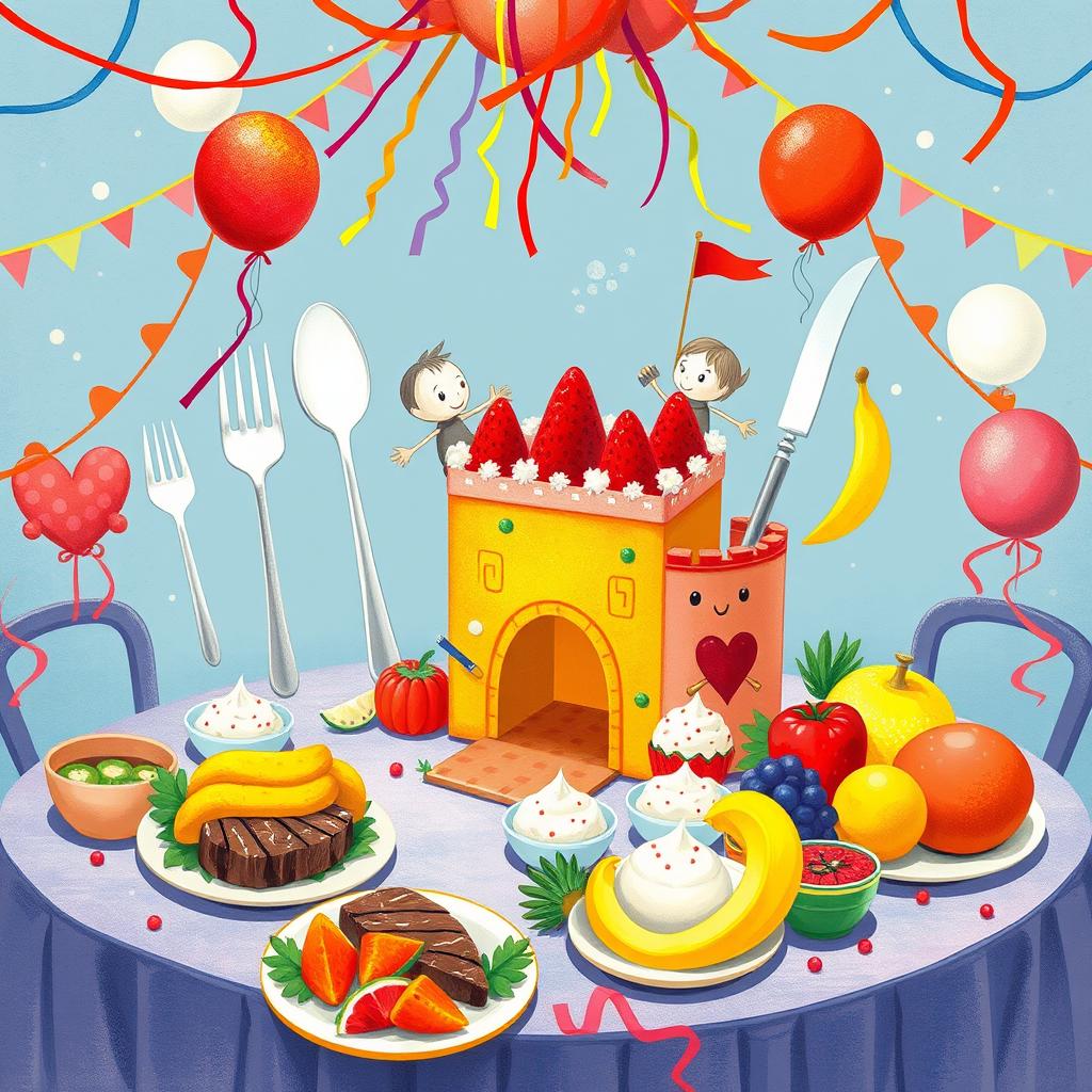 A whimsical scene showing various pieces of cutlery, including forks, spoons, and knives, hosting a lively concert on top of a vibrant fruit cake castle