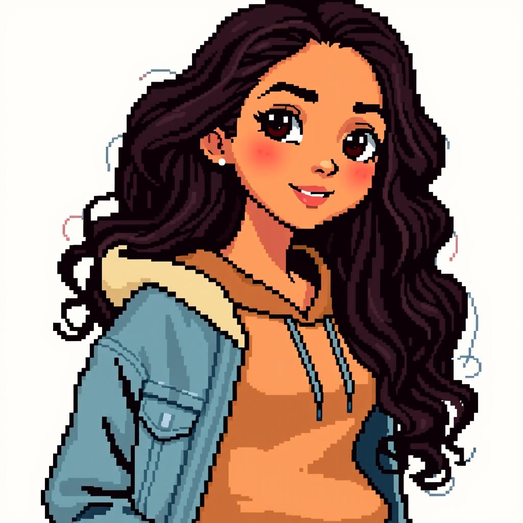A 30x30 pixel art representation of an Indian girl with dark wavy hair and dark eyes, tan skin