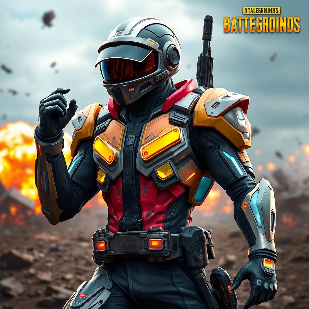 A dynamic character wearing an X-Suit from PUBG, displaying futuristic armor and bold colors