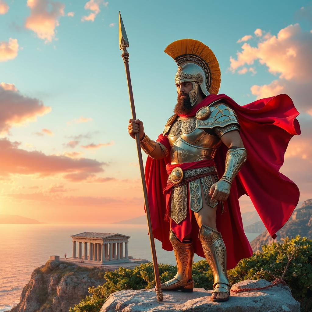 A valiant prince from ancient Greece, clad in ornate armor that gleams in the sunlight, standing heroically on a rocky cliff overlooking the Aegean Sea