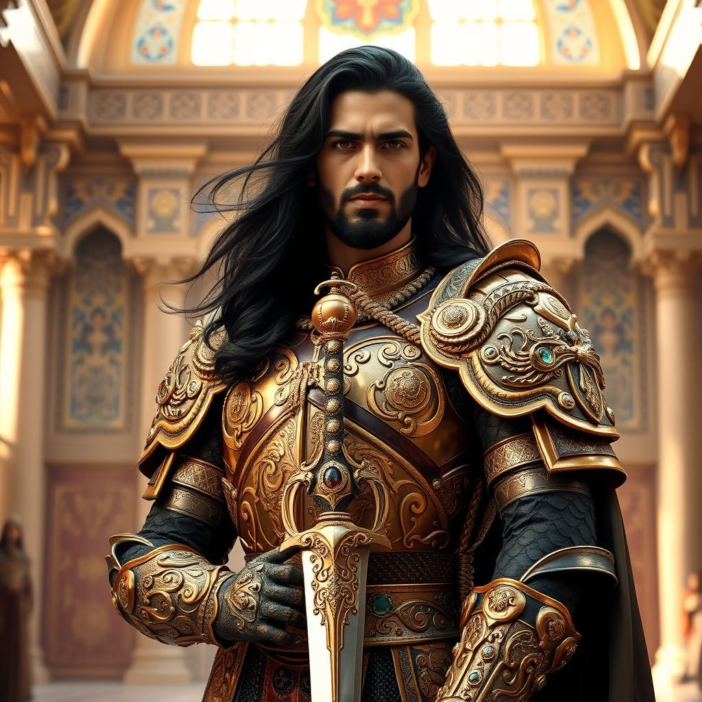 A majestic Persian prince clad in ornate armor, featuring intricate gold patterns and embellishments
