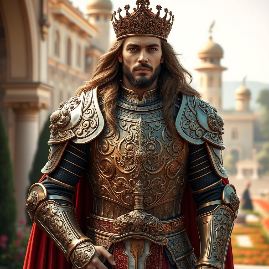 A regal Persian prince adorned in intricately designed armor, showcasing rich textures and detailed engravings