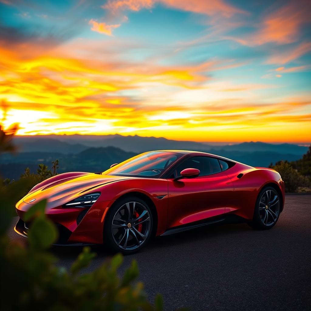 A sleek, modern sports car parked on a scenic overlook during sunset, showcasing vibrant colors in the sky
